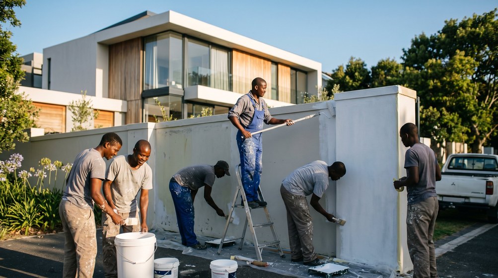 Professional team painting a boundary wall at a modern home in Vredehoek
