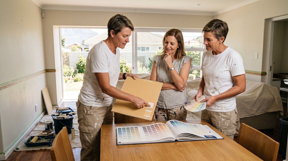 Professional colour consultant showing paint swatches to a homeowner in Vredehoek