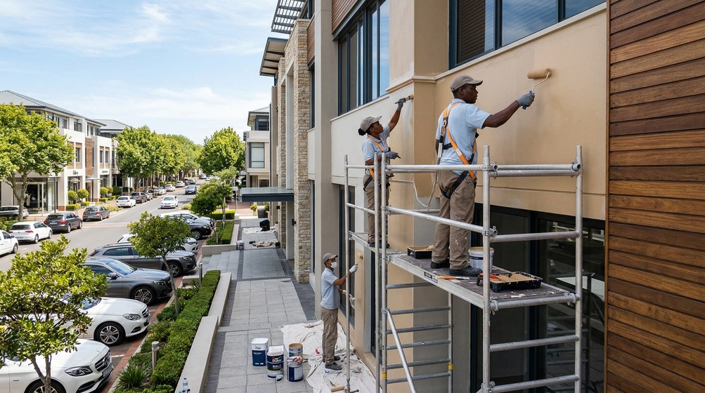 Professional commercial painters on scaffolding painting a building on the Winelands