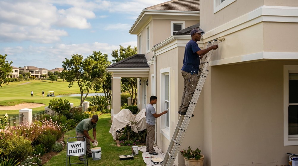 Professional estate painters painting a luxury golf estate home on the Winelands