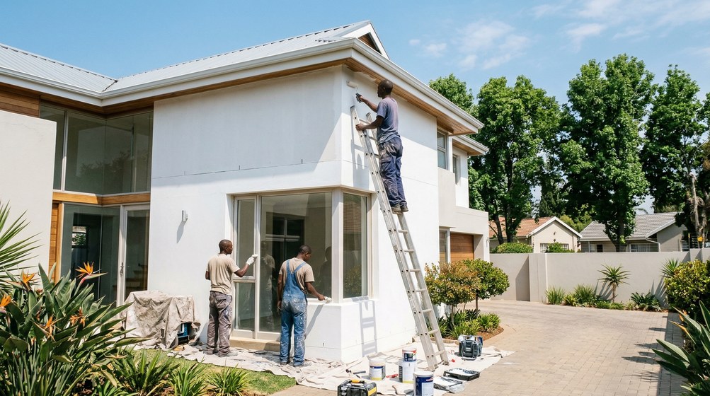 Professional exterior house painters in Vredehoek painting a modern home