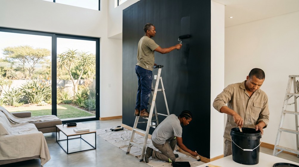 Professional painters creating a bold black feature wall in a modern Vredehoek home