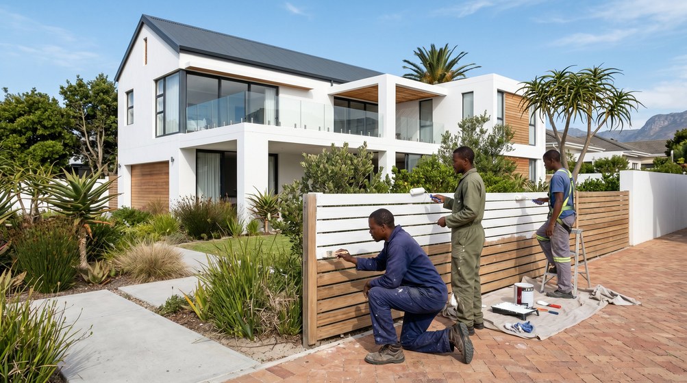 Professional fence painters painting a wooden fence at a Winelands home in Vredehoek