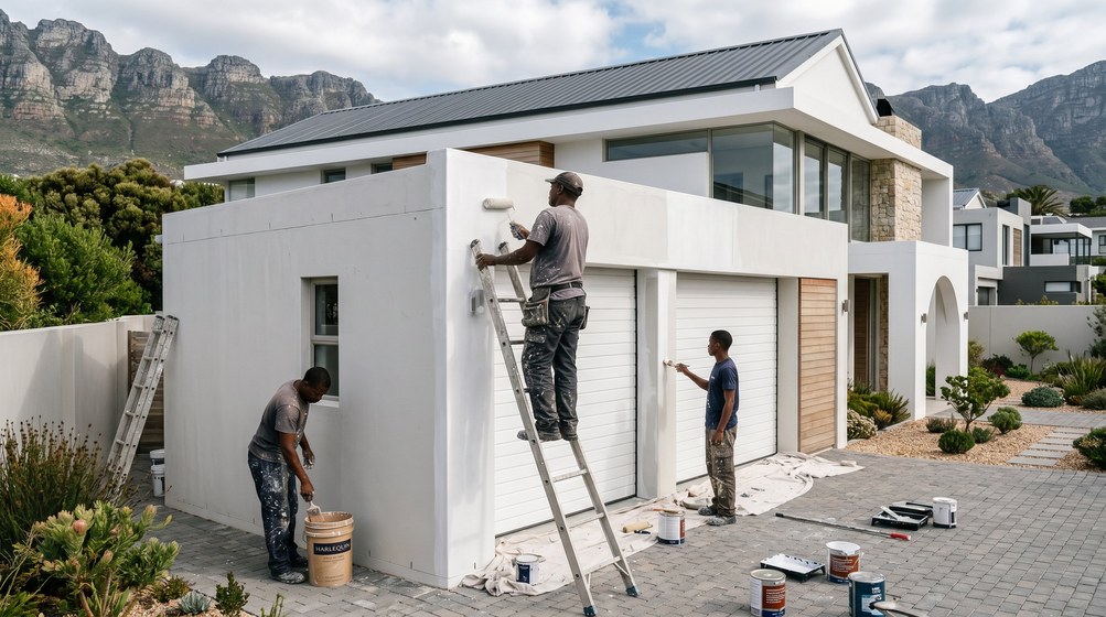 Professional painters painting a double garage exterior and garage doors in Cape Town