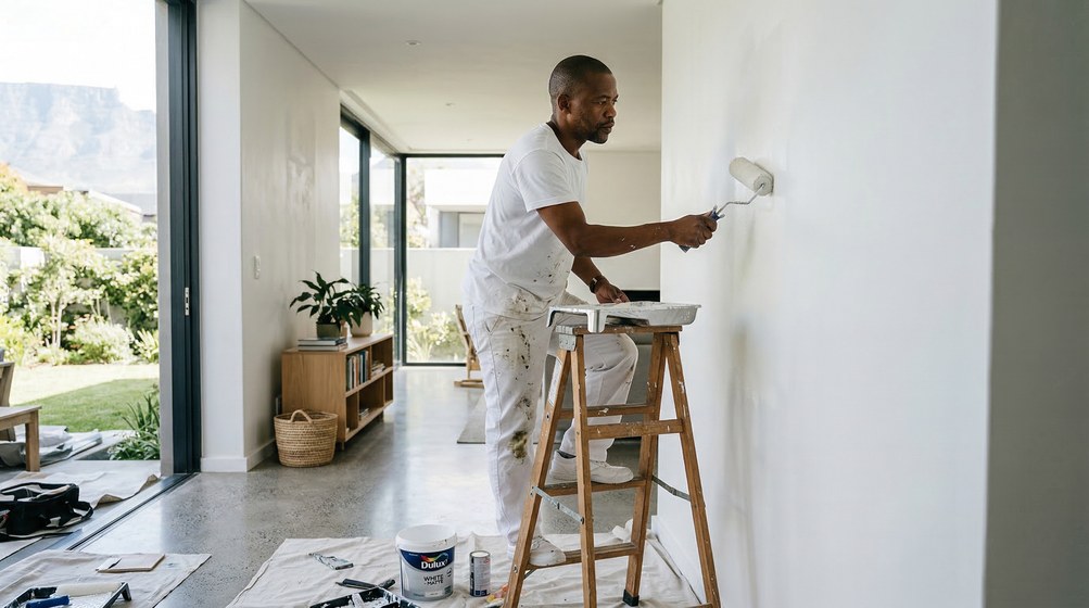 Professional interior painter in Vredehoek painting walls with a roller