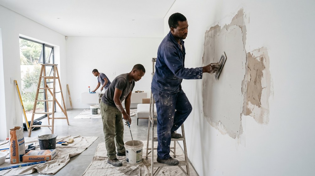 Professional plaster repair team skim coating damaged walls in Vredehoek