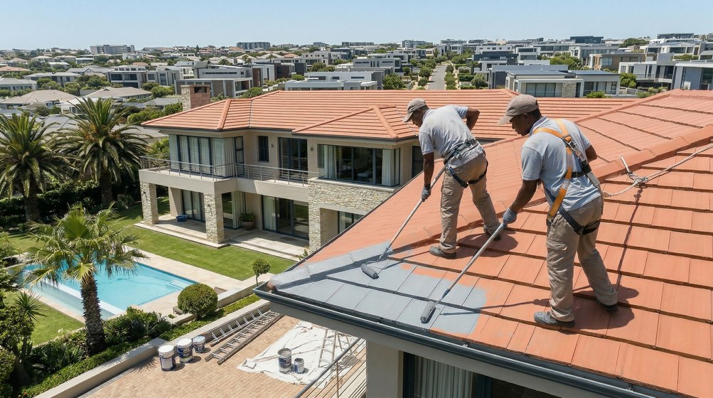 Professional roof painters applying waterproof coating to tiled roof in Vredehoek