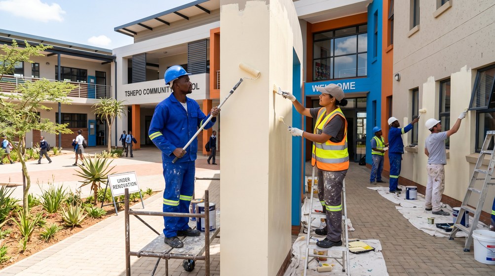 Professional school painting team painting a community school on the Winelands