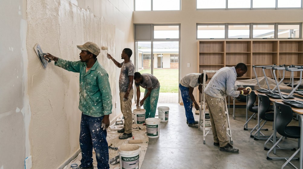 Professional texture coating team applying Texturcoat to interior walls in Vredehoek