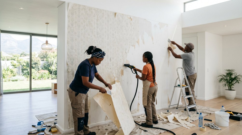Professional wallpaper removal team stripping old wallpaper in a Vredehoek home