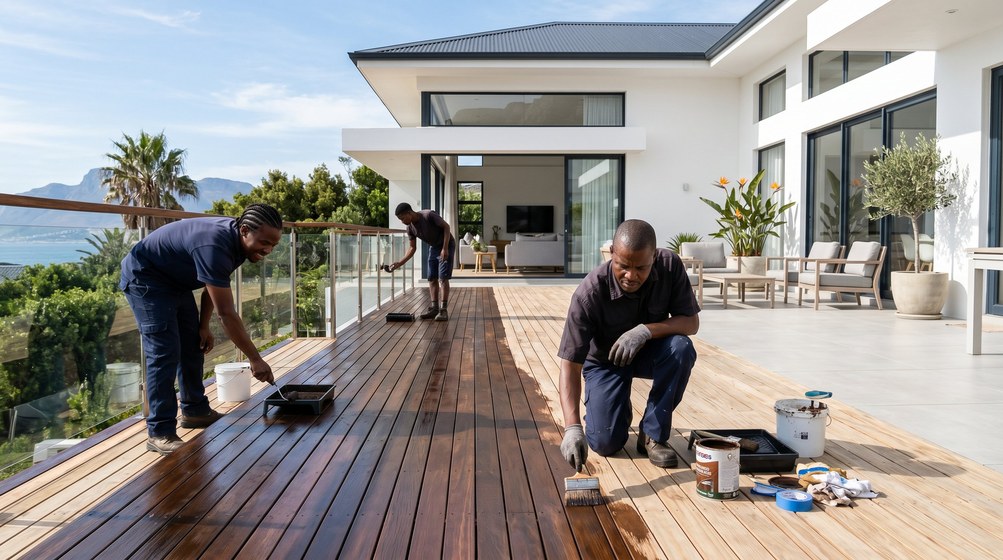 Professional wood staining team applying deck stain overlooking the ocean in Vredehoek